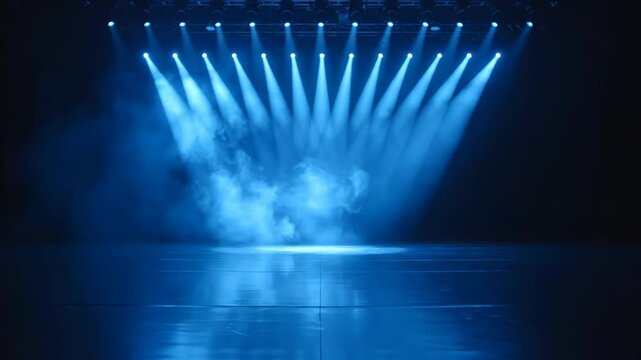 Empty dark stage illuminated by rows of blue spotlights from an overhead truss rig with volumetric light beams and artificial smoke or fog on a reflective black floor.