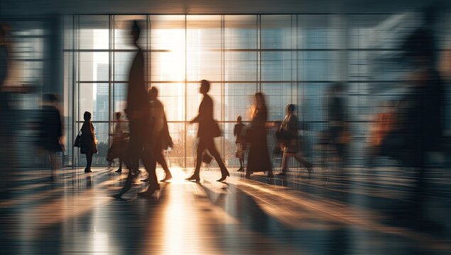 Silhouetted people walk through a sunlit, modern building lobby