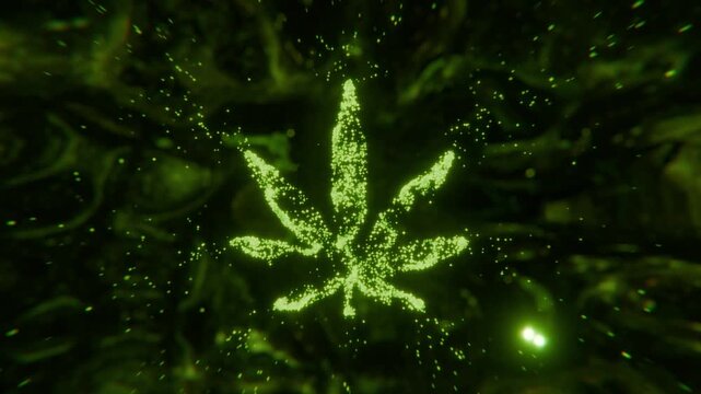 captivating 3D motion graphic of a luminous, particle-based cannabis leaf formation glowing against a deep, dark, organic biological network for April 20th celebration, horizontal