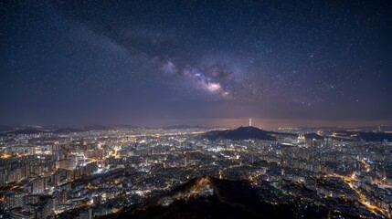 Fototapeta premium Seoul at Night with Milky Way