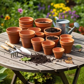 Gardening Tools & Terracotta Pots on Wooden Table with Flowers Background