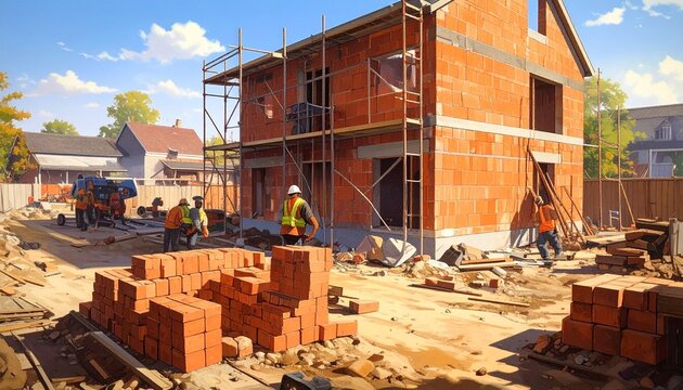 Construction site with workers in safety vests building multi-story red brick structure, scaffolding, tools, and stacks of bricks under clear sky, symbolizing collaboration, progress, and craftsmanshi