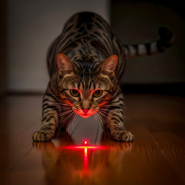 Curious tabby cat playing with red laser pointer on wooden floor at home in evening