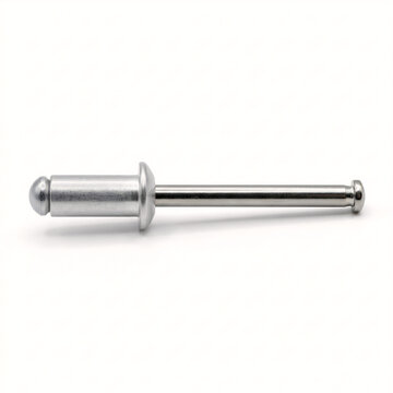 Extreme macro photograph of a single aluminum blind pop rivet. Features a rounded silver head and a long, straight steel mandrel with a clean industrial finish. Isolated lying flat on a pure white bac