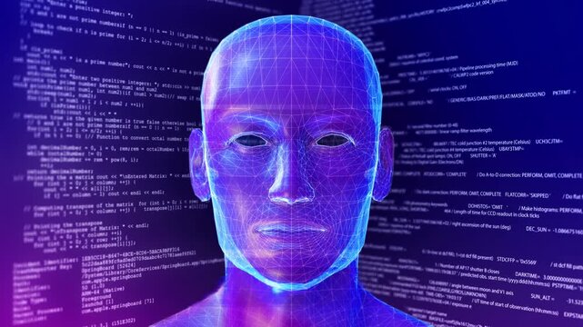 Futuristic AI Face Wireframe Interface Background Digital human mesh lines programming code backdrop artificial intelligence visualization. AI machine learning cybersecurity technology presentations