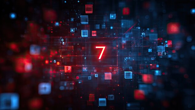 Glowing digital numeral 7 surrounded by abstract cubes and particles