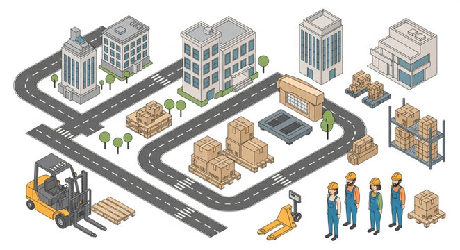 Yellow Forklift Moving Pallet in Industrial Warehouse Site.