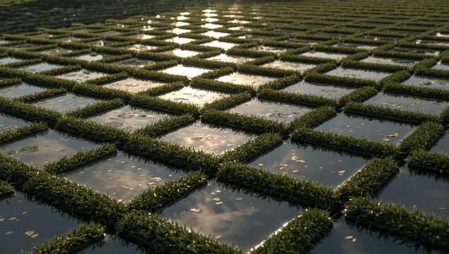 複数のチェス盤が芝生と水溜りのタイルで連なる屋外の風景