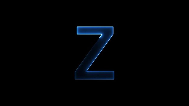 Glowing neon letter 'Z' symbol, a shiny light font illustration on a black background English alphabet education type word writing letter text effect smooth footage sign symbol with black background