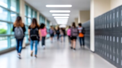Fototapeta premium School Corridor Life: A blurred perspective of students traversing a brightly lit school corridor, creating a sense of movement and bustling school life.
