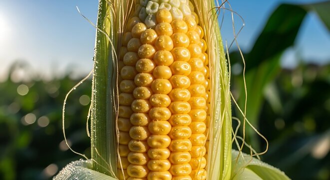 Fresh Corn on the Cob with Water Drops and Silk