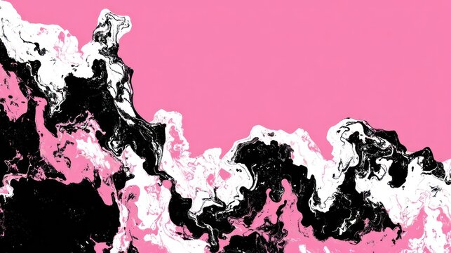 Vibrant fluid simulation showcases dynamic interplay between solid pink, white, and deep black substances