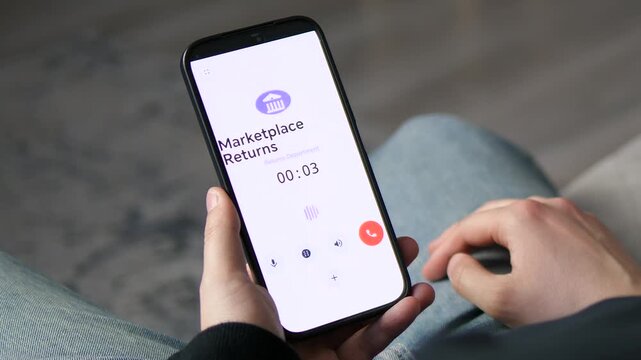 High-quality shot of a user calling marketplace returns for customer service. Perfect for e-commerce, shopping apps, and consumer rights content. Clear UI and realistic interaction. Boost your retail