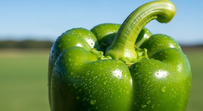 Fresh Green Bell Pepper with Water Droplets Close Up
