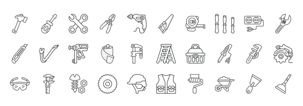 Repair Tools Icon set Collection in Line Style. hammer, screwdriver, wrench, mechanic, toolkit, maintenance, service