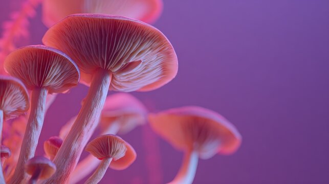 Close up view emphasizes the underside gills of several pale fungi illuminated by bright magenta light