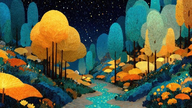 Stylized colorful forest with flowing river under a starry night