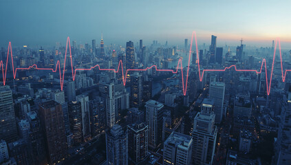 Fototapeta premium 複数の心電図波形が重なり都市の輪郭になるパノラマ夜景