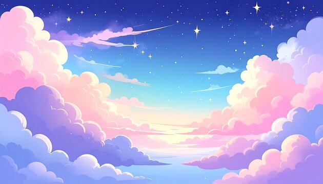 Dreamy pastel sky filled with fluffy cartoon clouds and twinkling stars, painted in soft gradients of blue, pink, and purple