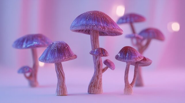 Group of luminous purple fungi glows brightly in soft pastel lighting