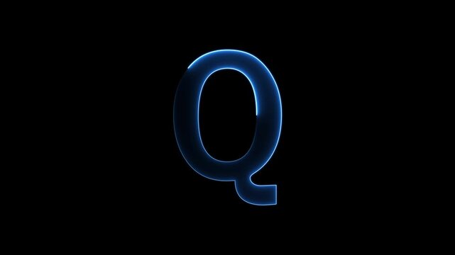 Glowing neon letter 'Q' symbol, a shiny light font illustration on a black background English alphabet education type word writing letter text effect smooth footage sign symbol with black background