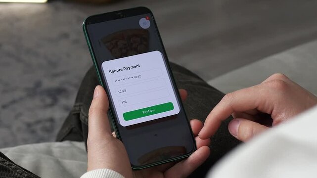 Full cycle of ordering food via smartphone at home. From selection to successful transaction. Essential for app development promos, digital consumer behavior segments, and remote service videos