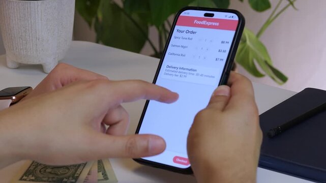 Using Smartphone App for Food Ordering and Checkout. Ordering sushi dinner on smartphone using FoodExpress delivery app. Tapping checkout, calculating total cost. Featuring cash on table and modern
