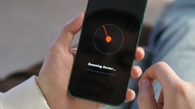 Close-up of a user calling an emergency repair technician via a smart mobile app. High-tech UI shows scanning for nearby experts and confirming arrival. Perfect for on-demand service, smart home, and
