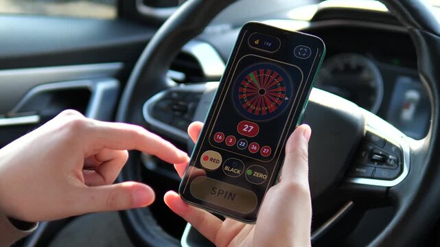 Man Playing Online Roulette in Car and Losing Bet. Close-up of a person using a mobile casino app while in a car. User bets on red, spins the wheel, and reacts with frustration as it hits zero. Ideal