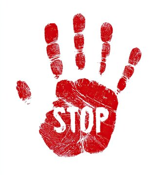 Red handprint with the word STOP imprinted on white background