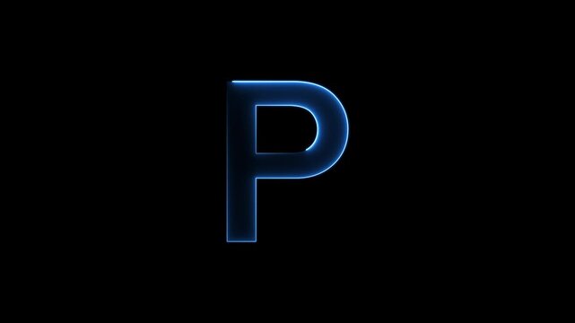 Glowing neon letter 'P' symbol, a shiny light font illustration on a black background English alphabet education type word writing letter text effect smooth footage sign symbol with black background