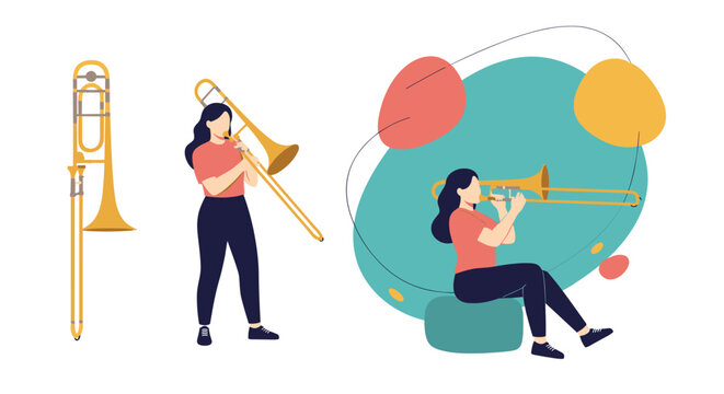 Various illustrations of a female musician playing the trombone in different poses and against abstract backgrounds.