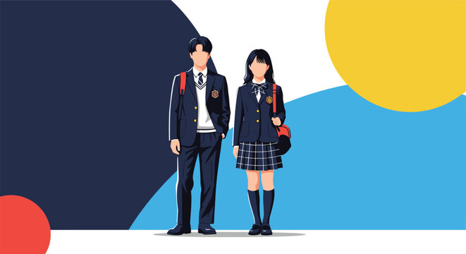 Pair of Japanese high school students in their smart blue uniforms standing together against an abstract background.