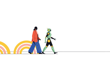 Fototapeta premium Robot, person walking, futuristic illustration, colorful, vector graphics