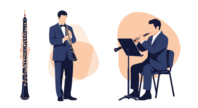 Series of illustrations featuring an oboe woodwind instrument and male musicians playing it while standing and seated.