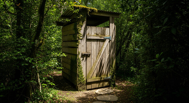 Rustic wooden outhouse nestled in a lush, green forest with sunlight filtering through the trees
