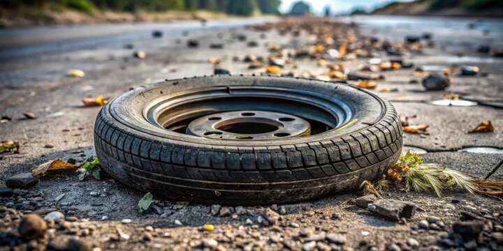 A discarded spare tire rests on a roadside, surrounded by debris and fallen leaves, hinting at a journey's end or an unforeseen accident