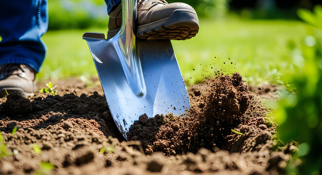 A close up view of a person using a shovel to dig into the soil for garden preparation activities