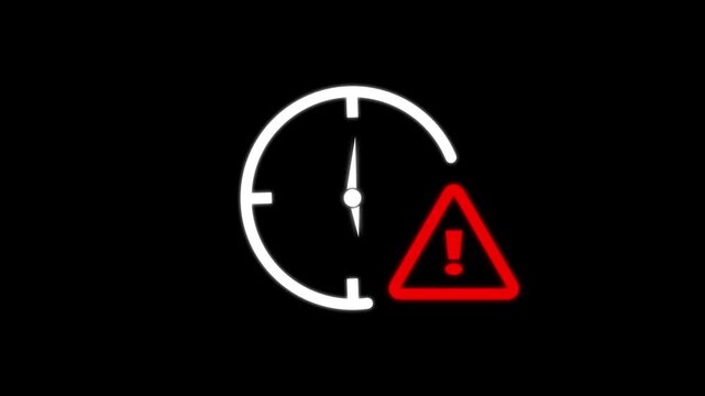 Urgent Warning Clock and Time-Sensitive Risk Motion Graphic clock with a warning triangle icon representing urgency or time on black background.