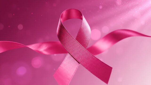 Pink ribbon cancer awareness ribbon floating through light.