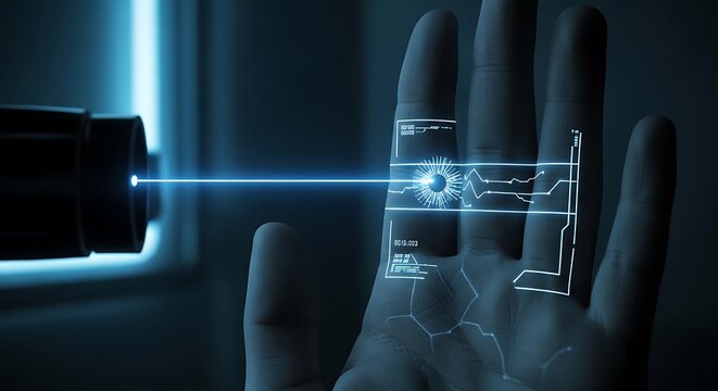 Futuristic cybernetic hand emitting a brilliant blue laser beam showcasing advanced technology and human augmentation
