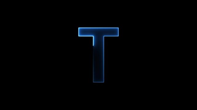 Glowing neon letter 'T' symbol, a shiny light font illustration on a black background English alphabet education type word writing letter text effect smooth footage sign symbol with black background