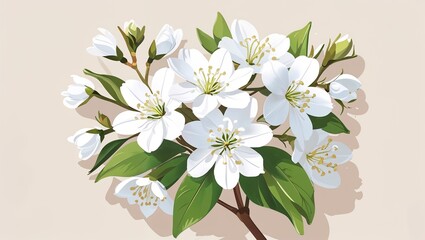 Fototapeta premium White jasmine flowers on a cream background in a clean decorative and smooth digital art style simple illustration