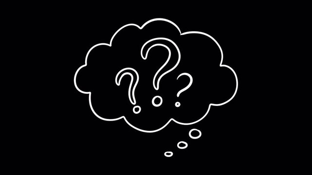 Animated Hand-Drawn Thought Bubble with Question Marks Loop on Transparent Background (Alpha Channel).  Boiling Line Effect. For expressing confusion, brainstorming, curiosity