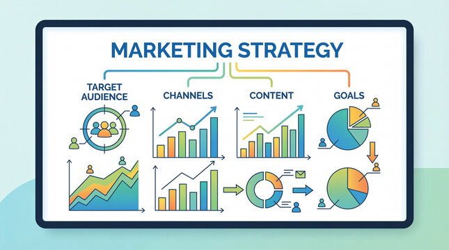 Marketing strategy graphic with charts and diagrams illustrating business concepts