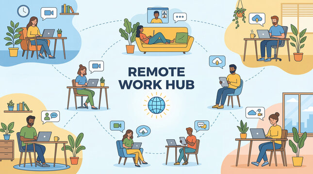 Remote work and global connectivity digital illustration of home offices and online collaboration