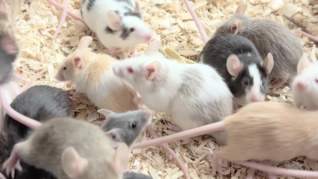 Large group of baby mice running around in cage 4k