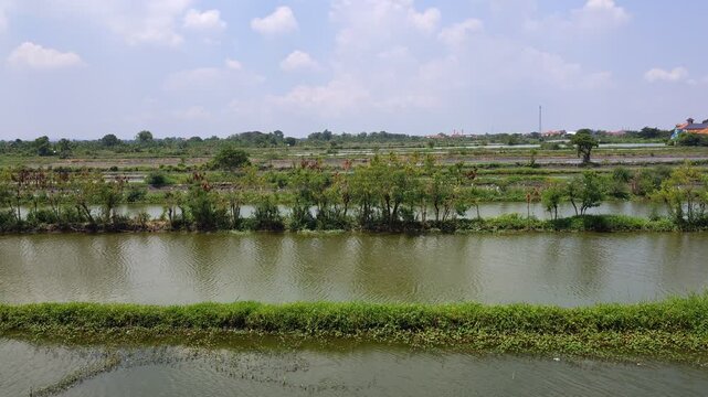 Wide Fish Ponds in Village Landscape 