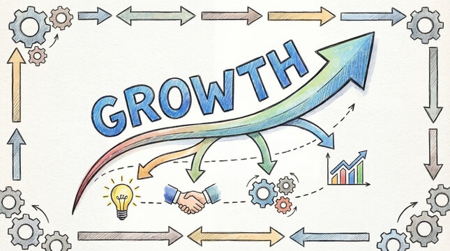 Conceptual illustration of growth with arrows gears and handshake representing progress