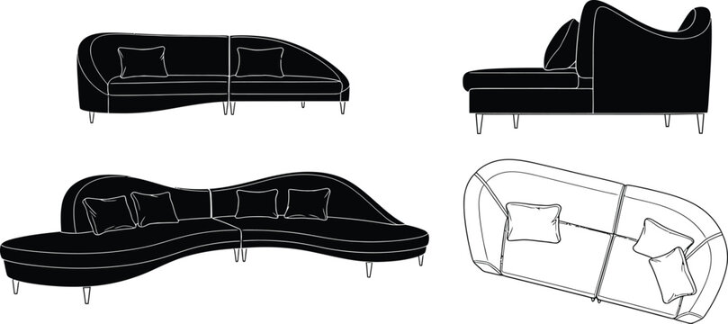 Minimalist curved wave sofa vector icon top front side view single double sections black silhouette clean outline white background modern architectural furniture design